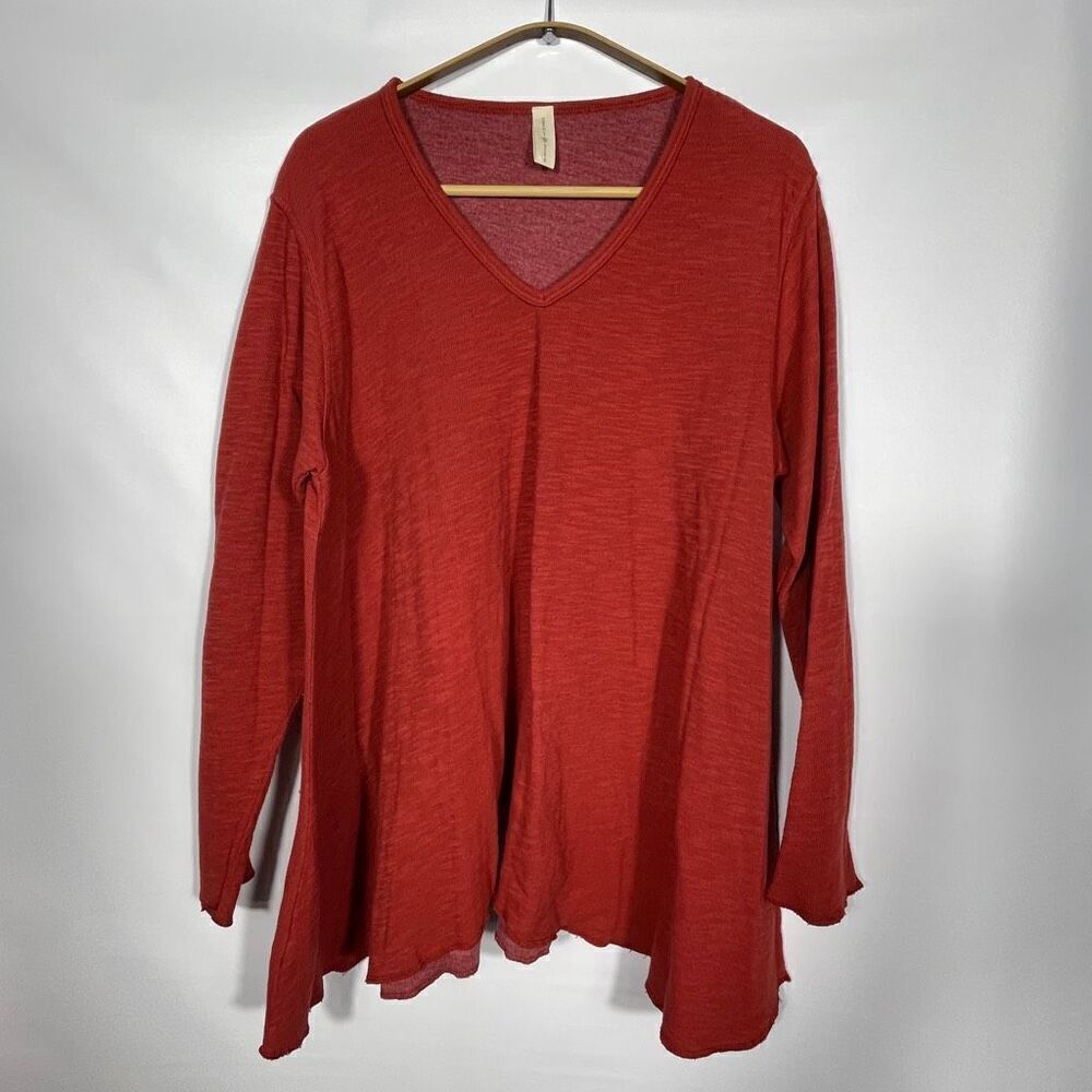 North Star Base Red Hi-Low Hem Rayon Blend Long Sleeved V-Neck T-Shirt Top Small